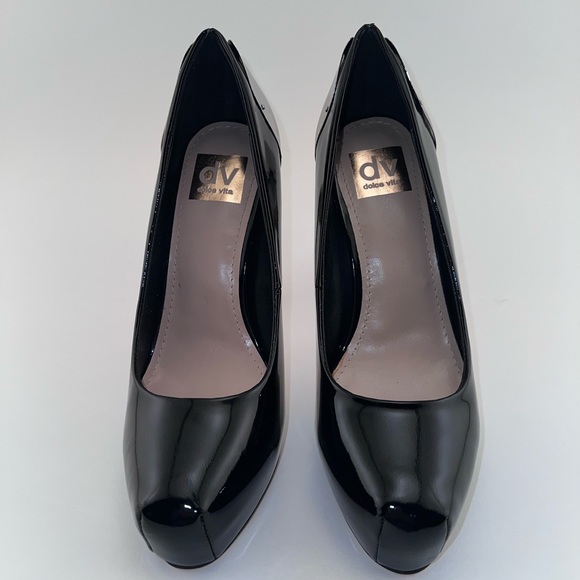 BNIB DV Dolce Vita Bianka Black Patent Leather Platform Heels Size 8.5 - Picture 2 of 8